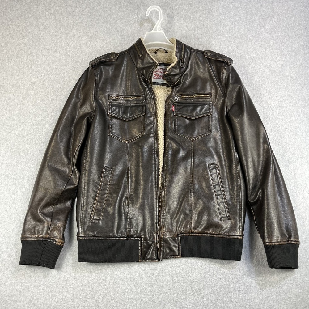 Levi's Men's Sherpa Lined Faux Leather Military Bomber Jacket Size Large Biker